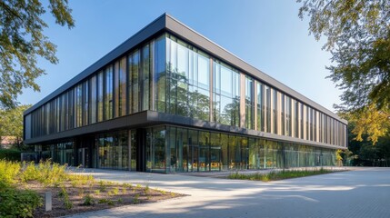 Fototapeta premium Modern Building with Glass Facade and Clean Lines in Urban Environment