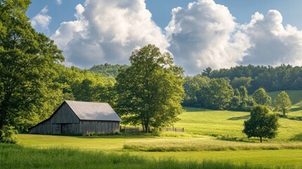 Obraz premium A scenic rural landscape featuring an old weathered barn in nature