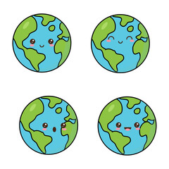 Icono del Planeta Tierra, kawaii en cuatro expresiones diferentes, con contorno negro.