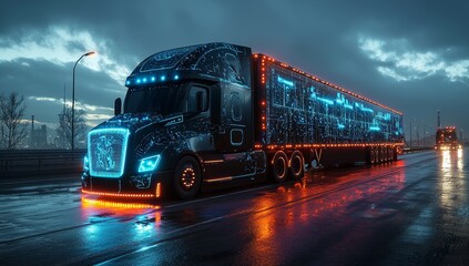 A cutting-edge, black electric truck designed for sustainability and enhanced by generative AI