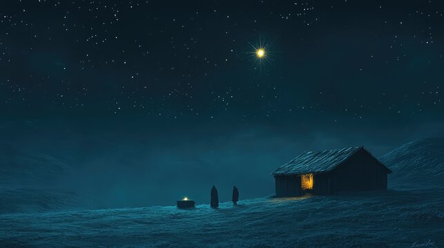 Starry Night Nativity Banner: Wooden Stable and the Birth of Jesus Christ