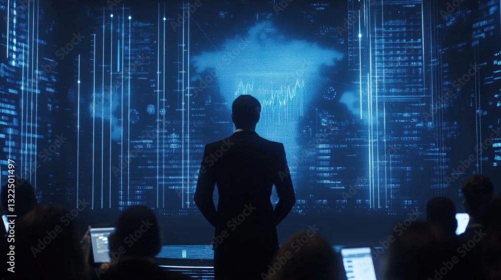 Poster a dynamic scene capturing an investor presentation where a presenter stands before a holographic pro