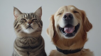 Funny Happy Cat and Dog Smiling with Closed Eyes - Close-Up Portrait on White and Transparent Background