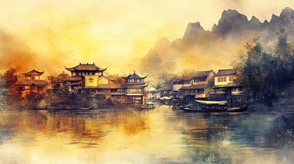 Traditional ink painting of a riverside village