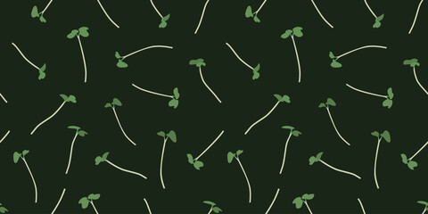 Microgreens seamless pattern vector illustration. Young green sprouts scattered ornament. Botanical greenery design for background, packaging, textile. 