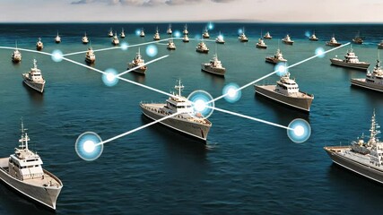 Maritime transport concept, Naval vessels connected in a digital network.