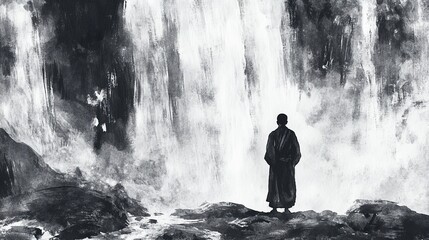 Obraz premium Ink Wash of a Monk Standing Under a Waterfall