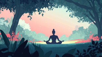 A person is meditating peacefully in a beautiful forest setting