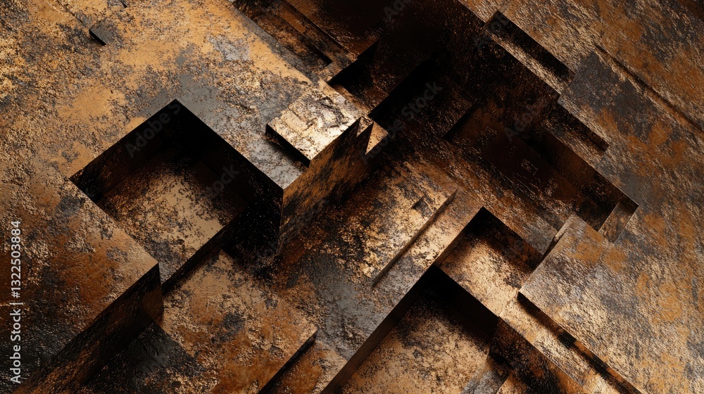 Poster abstract golden and brown geometric texture background with interlocking cubes and distressed metall