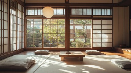 A serene Japanese interior with a view to a beautiful garden
