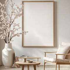 Empty framed artwork in a minimalist, light-filled room.  Natural, warm tones.  Modern, tranquil space