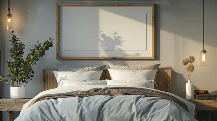 Modern picture frame in landscape orientation hanging on a wall in a well-lit coastal bedroom