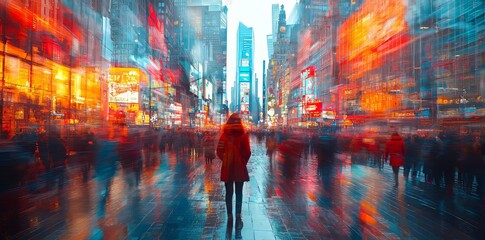 A vibrant business atmosphere where various movements intermingle dramatically. Multiple exposures. A blurred scene of a busy street filled with people. Abstract business setting
