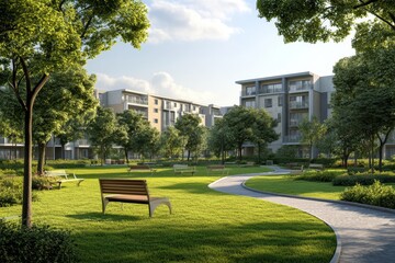 Modern residential complex with green lawns and trees and park benches on the lawn with apartment building in the background