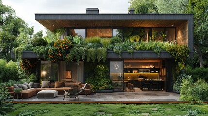 Modern Rooftop Garden with Outdoor Kitchen and Living Wall Features