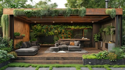 Modern Rooftop Garden with Outdoor Kitchen and Living Wall Features