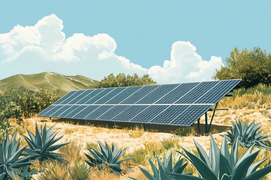 Modern solar panel setup with scenic rolling hills and native plants like agave and myr