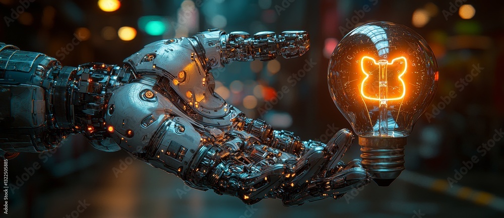 Poster a robotic hand holding a vibrant, glowing brain circuit in a light bulb, representing ai, machine le