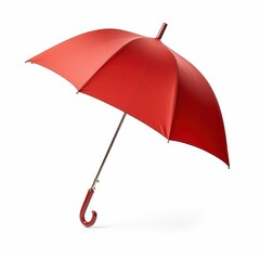 A charming red umbrella with a curved handle, beautifully displayed on a white backdrop, perfect for minimalist decor.