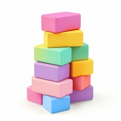 Bright, pastelcolored building blocks stacked high, creating a fun and vibrant display of creativity on a clean white backdrop.