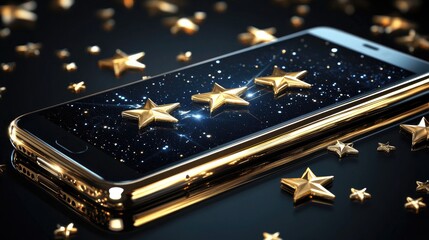Three Golden Stars on Smartphone Display, Luxury, Excellence, and Top-Rated Mobile App Concept