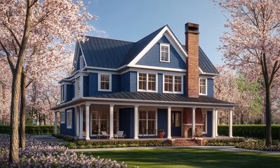 Charming Blue House Surrounded by Blossoming Trees Under Clear Sky Featuring Elegant Architecture and Inviting Porch Set in a Peaceful Neighborhood