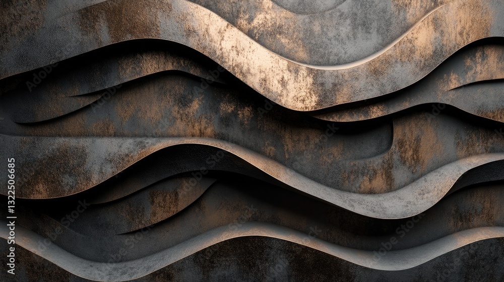 Poster abstract 3d render of wavy metal surface with rustic texture and dark brown and gray tones