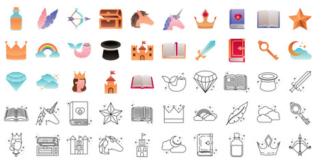 Set of fantasy vector icons with white background
