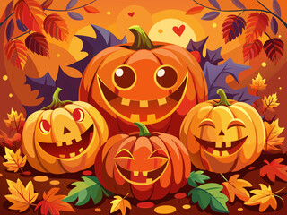 vector of  Smiling jack-o'-lanterns nestle among vibrant orange and red autumn leaves
