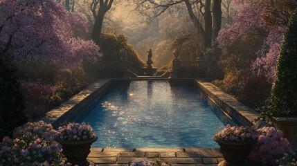 Fototapeta premium Serene spring garden with reflecting pool and statue.