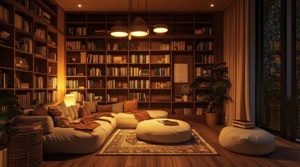 Cozy living room library with books and warm ambient lighting
