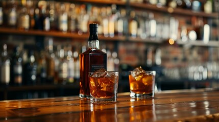 Multiple bottles of whiskey and a cocktail on a bar counter with clean lines and elegant atmosphere