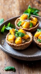 Refreshing quinoa salad tartlets with mango and chia seeds on rustic ceramic plate
