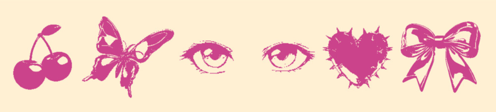 Aesthetic Y2K pixel art set featuring cherries, bows, butterfly, anime eyes, and a thorny heart in pink. Perfect for retro designs, stickers, apparel, and nostalgic digital art.