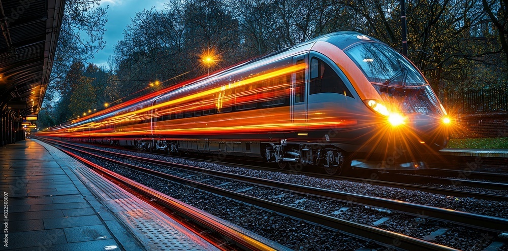 Poster the train moves swiftly, tracing long light trails behind it and conveying a sense of speed and dyna