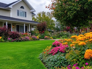 Charming suburban house with vibrant flower garden, lush lawn, and colorful landscaping under a cloudy sky in a peaceful neighborhood