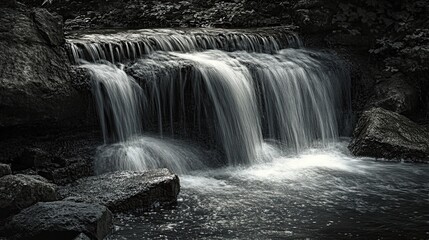 Fototapeta premium Serene Ink Wash of a Waterfall Cascading Down Rocks