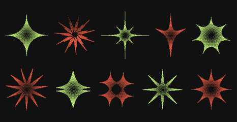 A collection of abstract bitmap star shapes. Metamodern, edgy, and futuristic elements perfect for posters, digital art, and trendy anti-design projects.