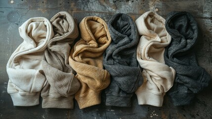 Neutral Colored Oversized Hoodies Piled on Polished Raw Surface