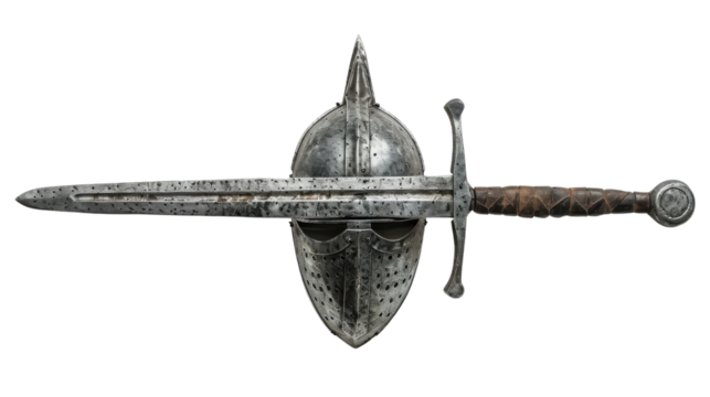 Medieval sword and helmet, showcasing historical craftsmanship