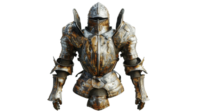 Worn medieval armor with rust and battle scars