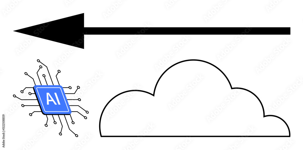 Poster black arrow connecting ai chip with circuit-thumbs up design to a simple cloud shape. ideal for tech