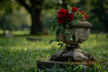 Old weathered tombstone with red roses in a deserted empty cemetery surrounded by lush green grass and trees under open sky