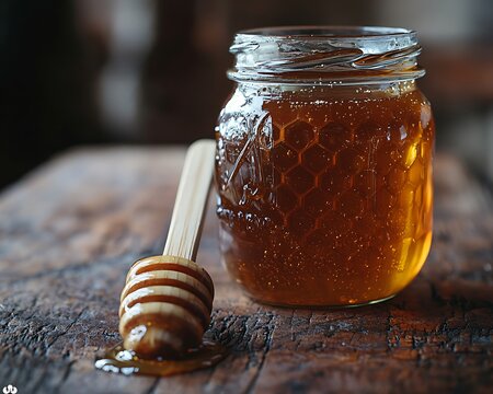 A glass jar of golden honey beside a dipper