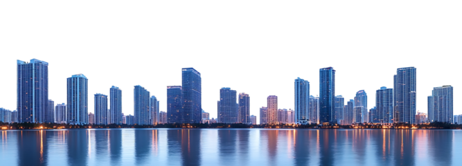 Miami skyline at dusk, illuminated buildings reflected in the water. Cityscape. Isolated on transparent background. PNG file