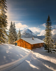 Fototapeta premium Sun-kissed cabin nestled amidst snowy peaks, a tranquil winter haven under a vast blue sky
