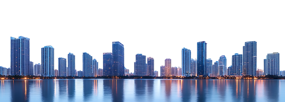 Miami skyline at dusk, illuminated buildings reflected in the water. Cityscape. Isolated on transparent background. PNG file - Powered by Adobe