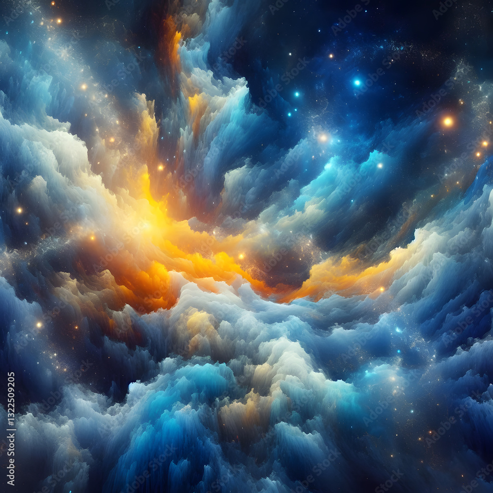 Poster a swirling celestial scene with luminous clouds and sparkling stars, creating a dreamy and ethereal 