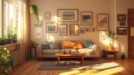 A sunlit living room with cozy furniture and numerous decorations