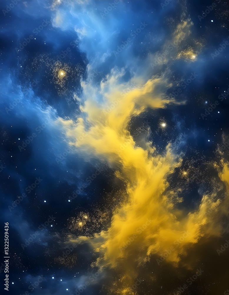 Poster abstract swirling clouds of blue and yellow with scattered gold specks, creating a celestial and dyn